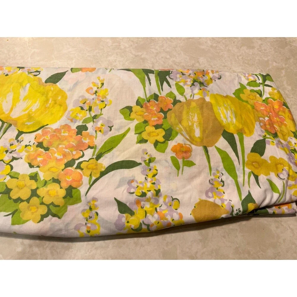 VTG Cannon No Iron Full Fitted Sheet 70s Tulips Floral Orange Yellow Green Craft